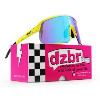 gelb-weisse-gelbe DZBR Sonnenbrille mit Sprenkeln auf neon pinker Schachtel
