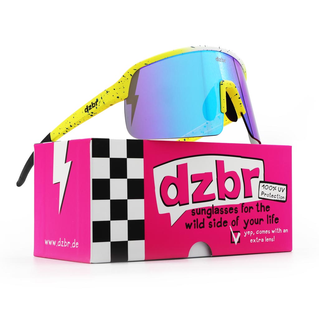 gelb-weisse-gelbe DZBR Sonnenbrille mit Sprenkeln auf neon pinker Schachtel
