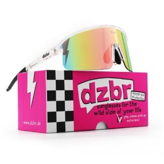 transparente DZBR Sonnenbrille auf neon pinker Schachtel