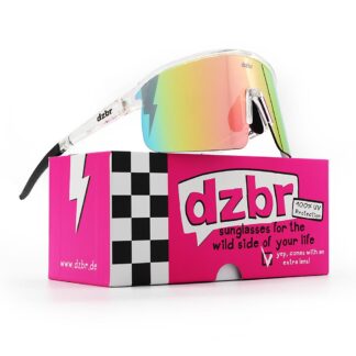 transparente DZBR Sonnenbrille auf neon pinker Schachtel