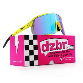 gelb-weisse-gelbe DZBR Sonnenbrille mit Sprenkeln auf neon pinker Schachtel