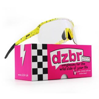 gelb-weisse-gelbe DZBR Sonnenbrille mit Sprenkeln auf neon pinker Schachtel