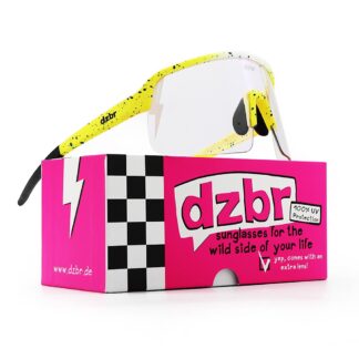 gelb-weisse-gelbe DZBR Sonnenbrille mit Sprenkeln auf neon pinker Schachtel