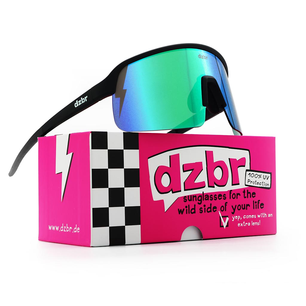 schwarze DZBR Sonnenbrille auf neon pinker Schachtel